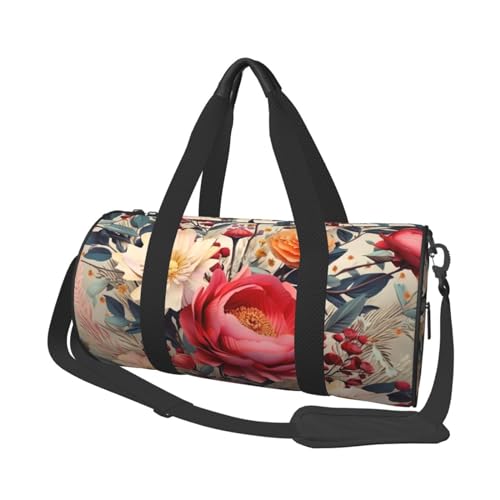 Moderne Reisetasche mit Blumenmuster für Damen und Herren, Turnbeutel, große Reisetasche, Wochenendtasche, Übernachtungstasche mit Schultergurt, Schwarz, Einheitsgröße, Schwarz , Einheitsgröße von LZQPOEAS