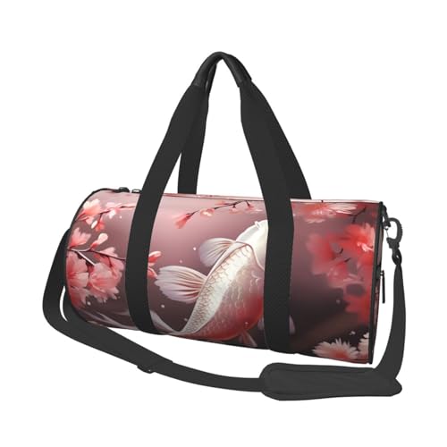 Pink Cherry Blossom Red Carp Reisetasche für Damen Herren Turnbeutel Große Duffle Bag Weekender Übernachtungstasche mit Schultergurt, Schwarz, Einheitsgröße, Schwarz , Einheitsgröße von LZQPOEAS