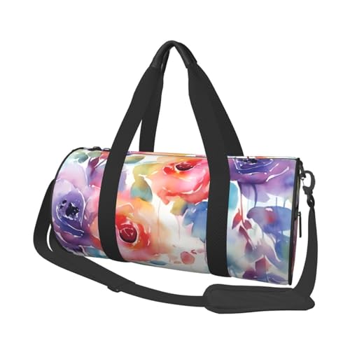 Reisetasche mit Aquarell-Blumenmuster für Damen und Herren, Sporttasche, große Reisetasche, Wochenendtasche, Übernachtungstasche mit Schultergurt, Schwarz, Einheitsgröße, Schwarz , Einheitsgröße von LZQPOEAS