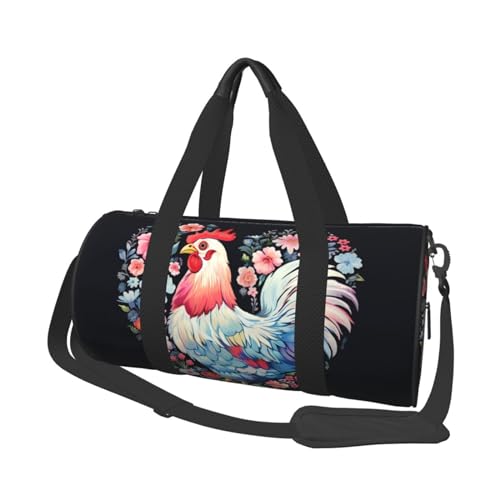 Reisetasche mit Blumenherz, Huhn, für Damen und Herren, Turnbeutel, große Reisetasche, Wochenendtasche, Übernachtungstasche mit Schultergurt, Schwarz, Einheitsgröße, Schwarz , Einheitsgröße von LZQPOEAS