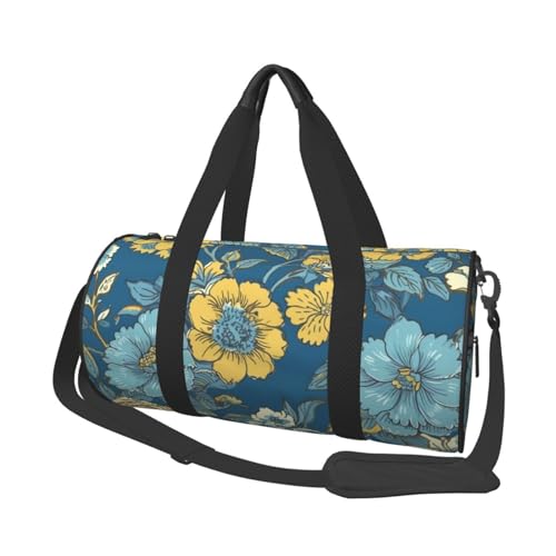 Reisetasche mit blauen und gelben Blumen für Damen und Herren, Turnbeutel, große Reisetasche, Wochenendtasche, Übernachtungstasche mit Schultergurt, Schwarz, Einheitsgröße, Schwarz , Einheitsgröße von LZQPOEAS