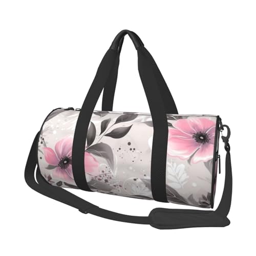 Reisetasche mit rosa Blumen und Blättern auf grauem Grau, für Damen und Herren, Turnbeutel, große Reisetasche, Wochenendtasche, Übernachtungstasche mit Schultergurt, Schwarz, Einheitsgröße, Schwarz , von LZQPOEAS