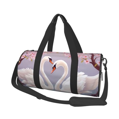 Weiße Schwäne mit rosa Blumen Baum Reisetasche für Damen und Herren, Turnbeutel, große Reisetasche, Wochenendtasche, Übernachtungstasche mit Schultergurt, Schwarz, Einheitsgröße, Schwarz , von LZQPOEAS