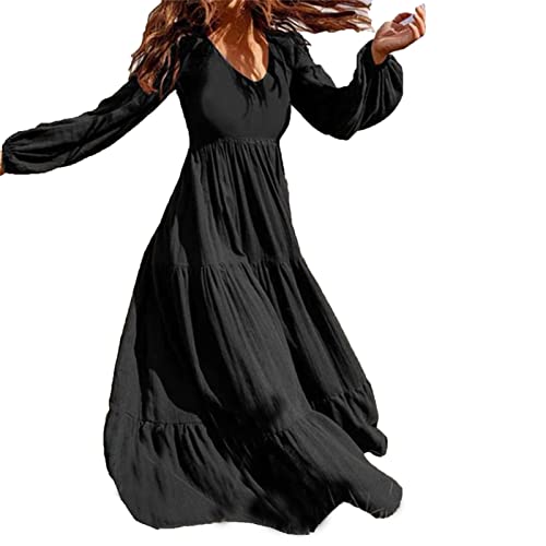 Damen Langarm Maxikleid V-Ausschnitt Puffärmel A-Linie langes Kleid von LZRYYBZ