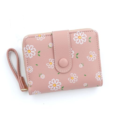 LZSXDWXY Damen-Geldbörse, modisch, niedliches Gänseblümchen-Motiv, mit Reißverschluss außen, Münzgeldbörse, Bifold Bill Wallet mit Kreditkartenfach, Ausweisfenster, B-Rosa, Einheitsgröße, von LZSXDWXY