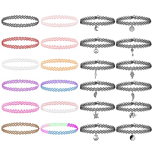 LZYMSZ 24PCS Choker Halskette Set, dehnbare elastische Mädchen Chokers Set, bunte Halskette Anhänger Set für Frauen Mädchen Kinder Teenager weiblich von LZYMSZ