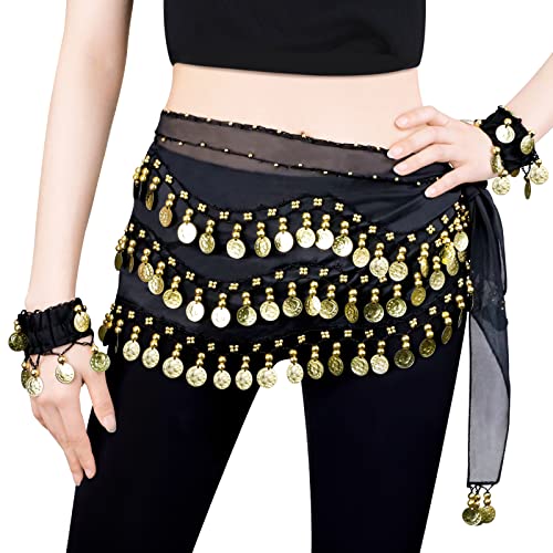 LZYMSZ Bauchtanz Hüfttücher, Frauen Bauchtanz Röcke mit 128 Goldmünzen, Mädchen Chiffon Bauchtanz Taille Kostüm Gürtel mit Armbänder für Karneval Samba Latina Zumba Yoga Klasse Leistung (Black) von LZYMSZ