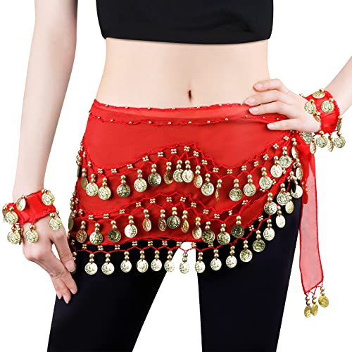 LZYMSZ Bauchtanz Hüfttücher, Frauen Bauchtanz Röcke mit 128 Goldmünzen, Mädchen Chiffon Bauchtanz Taille Kostüm Gürtel mit Armbänder für Karneval Samba Latina Zumba Yoga Klasse Leistung (red) von LZYMSZ