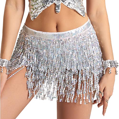 LZYMSZ Pailletten Rock, Bauchtanz Hüfttuch Set Fransen Rave Outfit Kostüm Tanz Mini Wrap Röcke, Frauen Mädchen Glitter Hawaii Hula Gras Rock für Festival Club Sommer Strand Tanz (Silver) von LZYMSZ