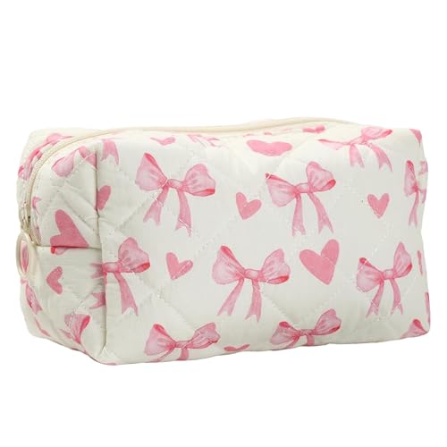 LZZEM Federmäppchen mit Fliege, rosa Fliege und herzförmiger Make-up-Tasche, Kosmetik-Aufbewahrungstasche, gesteppt, Make-up-Tasche, geeignet für Mädchen und Frauen, Schule, Hausaufgaben und Reisen von LZZEM
