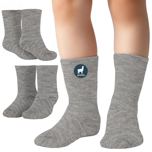 La Alpaca Kinder-Wollsocken - 2 Paar Alpaka-Wollsocken für Kinder, Jungen, Mädchen - warm, seidig, weich, atmungsaktives, bequemes, feuchtigkeitsableitendes Thermo-Alpaka, Grau, 6-9 Jahre von La Alpaca The Finest Wool