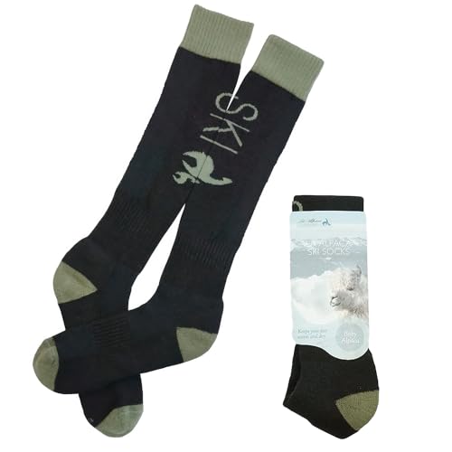 La Alpaca Ski Socken – kniehohe Alpaka Socken zum Skifahren und Snowboarden – Alpaka Socken Damen und Herren für den aktiven Einsatz, Thermo Wollsocken (1 Paar schwarz/olivgrün), Göße 36-39 von La Alpaca The Finest Wool