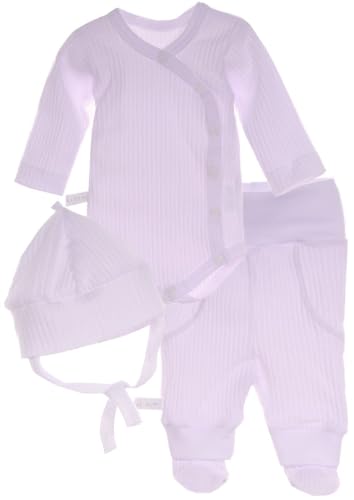 Baby Anzug 3-teilig Set Langarmbody Schlupfhose Mütze Weiß gerippt Babykleidung Babyset Neugeborene Jungen Mädchen bequem Erstlingsausstattung Geschenk Geburt Set (weiß, 56-62) von La Bortini