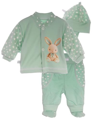Baby Anzug 3-teilig Set Schlupfhose Hemdchen Mütze Neugeborene Jungen Mädchen Baumwolle Erstausstattung Babykleidung Outfit mit Hase Motiv Geschenk Geburt Babyset Erstlingsset (Grün, 50-56) von La Bortini