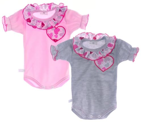 Baby Body 2er Pack Kurzarm Kragen Rosa Grau Herzenmuster Mädchen Babykleidung Bodyset Neugeborene Geschenk Geburt Babymode Erstlingsausstattung Sommer Frühchen Babybody Set bequem (rosa-grau, 56-62) von La Bortini