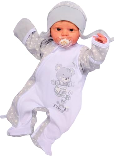Baby Strampler Set Overall mit Kratzschutz Mütze Schlafanzug Unisex Neugeborene Jungen Mädchen Babykleidung Geschenk Geburt Erstlingsausstattung Babymode Frühchen Schlafset bequem (weiß-grau, 44-50) von La Bortini