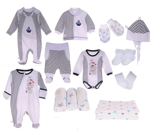 Erstausstattungspaket Baby Set 17 Teile Body Hose Strampler Schlafanzug Shirt Socken Mütze Unisex Bekleidung für Neugeborene Jungen Mädchen Weich Geschenk Geburt Taufe Babyparty (weiß-blau, 56-62) von La Bortini