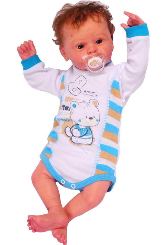 La Bortini Body Baby Langarmbody in weiß türkis gestreift mit Bärchen Aufdruck aus reiner Baumwolle, 44 50 56 62 68 von La Bortini