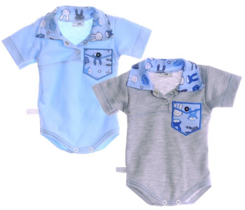 La Bortini Body Bodys 2er Pack Kragenbodys in Grau Blau mit Häschen aus reiner Baumwolle, 44 50 56 62 68 74 80 86 92 98 von La Bortini