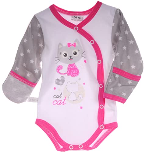 La Bortini Body Wickelbody 44 50 56 62 68 74 80 86 92 Kratzschutz Fäustlinge (weiß pink grau Katze, 92) von La Bortini