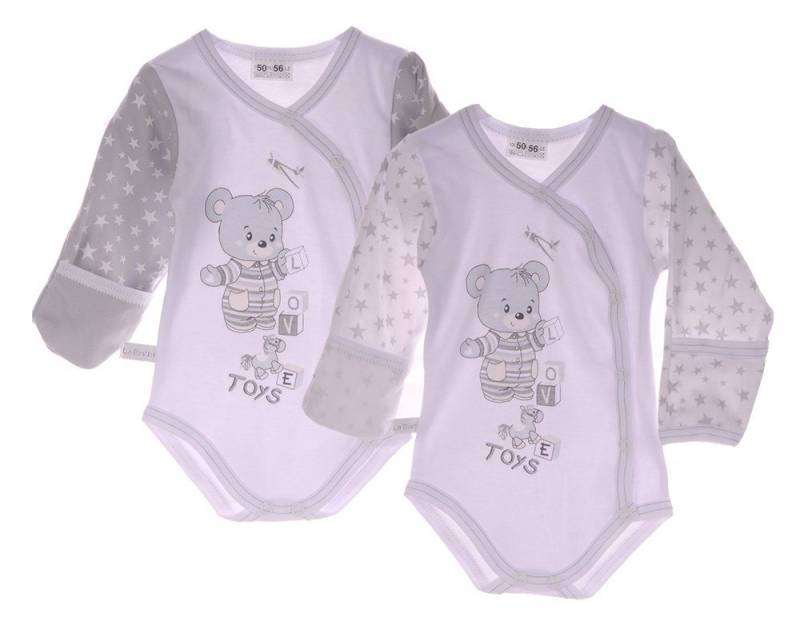 La Bortini Body Wickelbodys 2er Pack Baby Bodys Langarmbody in Weiß Grau mit Bär aus reiner Baumwolle, 44 50 56 62 68 74 80 86 92 98 104 von La Bortini