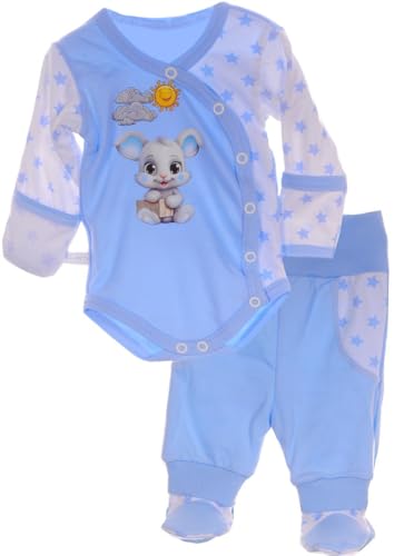 La Bortini Body & Hose Wickelbody mit Kratzschutz und Schlupfhose Baby Anzug 2tlg Set Body 44 50 56 62 68 74 80 86 (blau, 56-62) von La Bortini