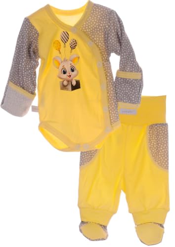 La Bortini Body & Hose Wickelbody mit Kratzschutz und Schlupfhose Baby Anzug 2tlg Set Body 44 50 56 62 68 74 80 86 (gelb, 50-56) von La Bortini