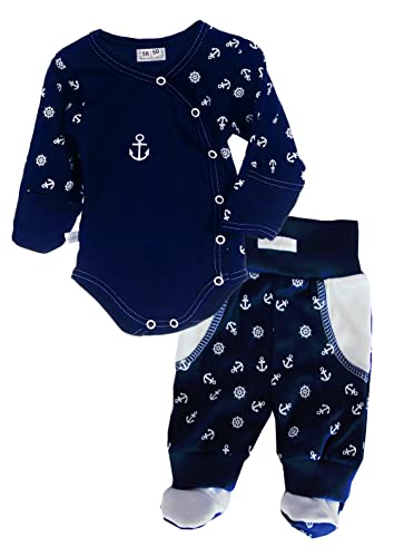 La Bortini Body & Hose mit Füßchen Baby SET Wickelbody mit Kratzschutz Umschlagärmel Schlupfhose 50 56 62 68 74 80 86 92 Weiß Blau mit Motiv (62) von La Bortini