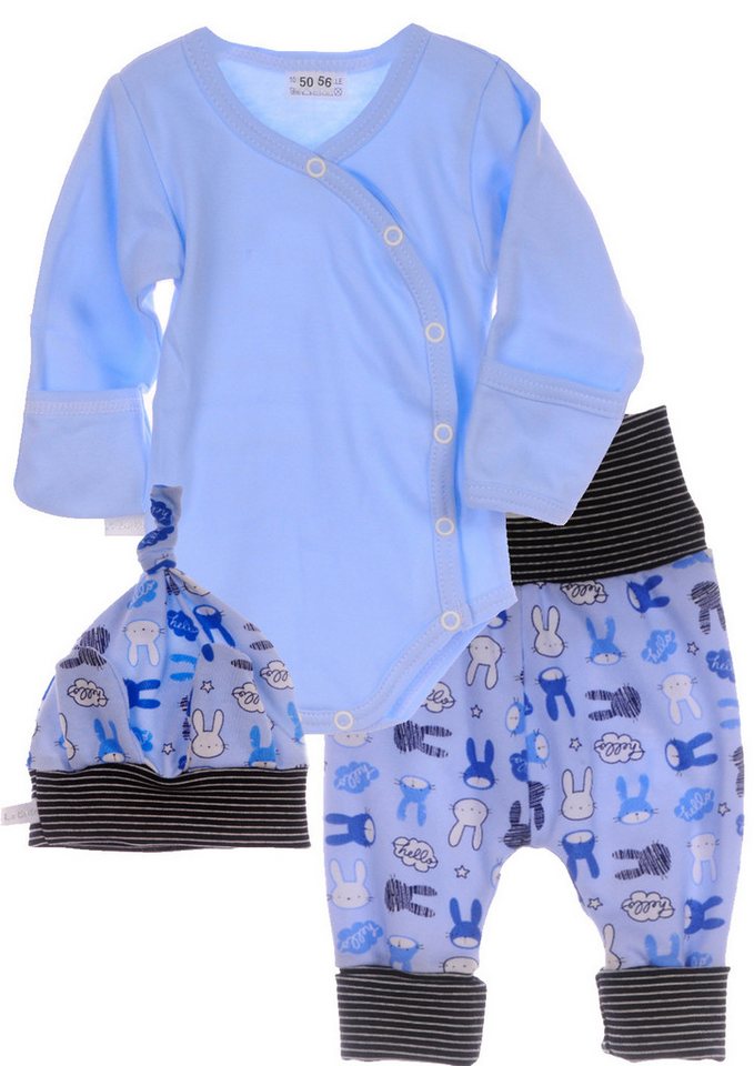 La Bortini Erstausstattungspaket Baby Anzug Hose Wickelbody Mütze in Blau mit Hasen (für Frühchen, Mädchen und Jungen, 3-teiliges Set) aus Baumwolle, für Neugeborene, 44 50 56 62 68 74 80 86 von La Bortini