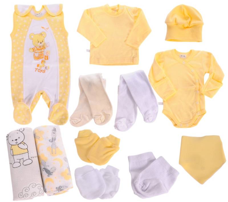 La Bortini Erstausstattungspaket Baby Set 12 Teile Body Strampler Strumpfhosen Shirt Socken Latz (für Babys, Frühchen, Kleinkinder, neutral, unisex, Bekleidung für Neugeborene, Geschenk zur Geburt) aus Baumwolle, 44 50 56 62 68 Erstlingsausstattung Baby Paket Geschenk von La Bortini