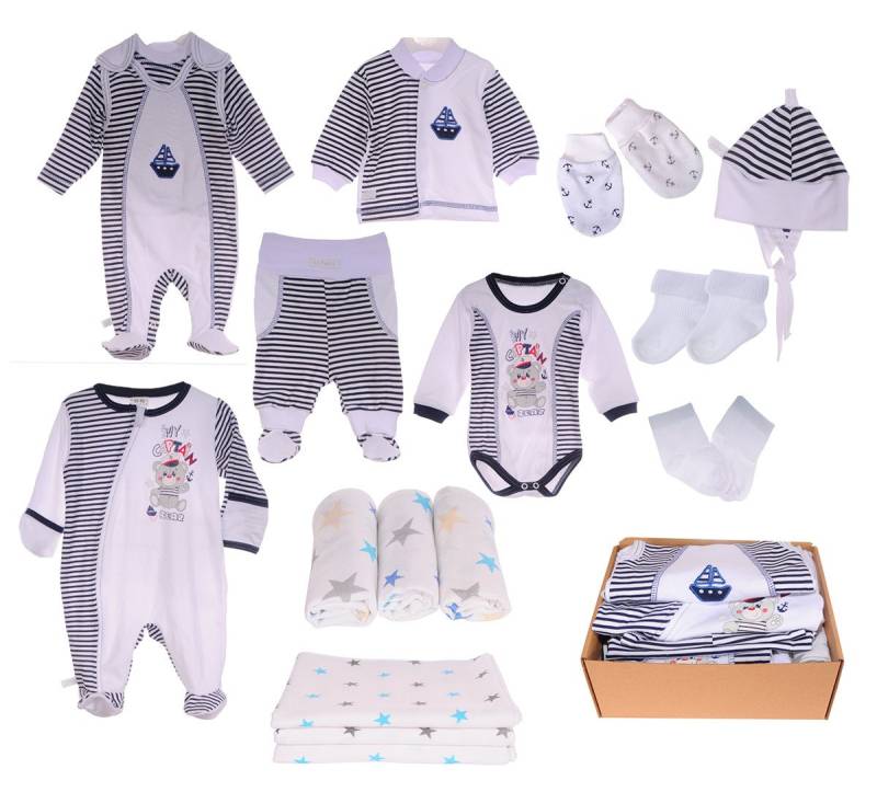La Bortini Erstausstattungspaket Baby Set 17 Teile Body Hose Strampler Schlafanzug Shirt Socken Mütze (Geschenk zur Geburt im Box, Bekleidung für Neugeborene, neutral, unisex) Perfekt als Geschenk zur Geburt, Box voller Baby Kleidung von La Bortini