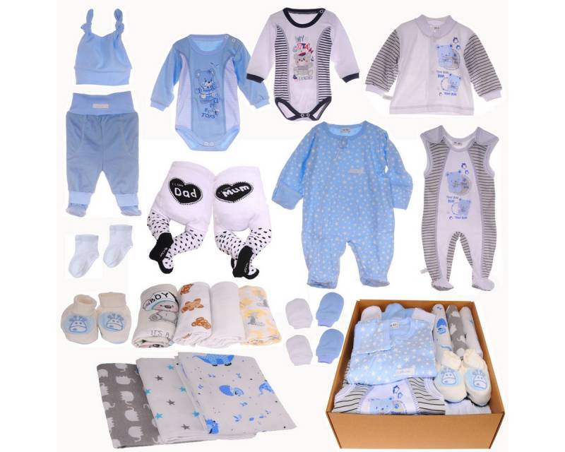 La Bortini Erstausstattungspaket Baby Set 20 Teile Body Hose Strampler Strumpfhosen Shirt Socken (Paket für Jungen, Bekleidung für Neugeborene, Geschenk zur Geburt) aus Baumwolle, ein Geschenk zur Geburt, Paket in Blau für Neugeborene von La Bortini