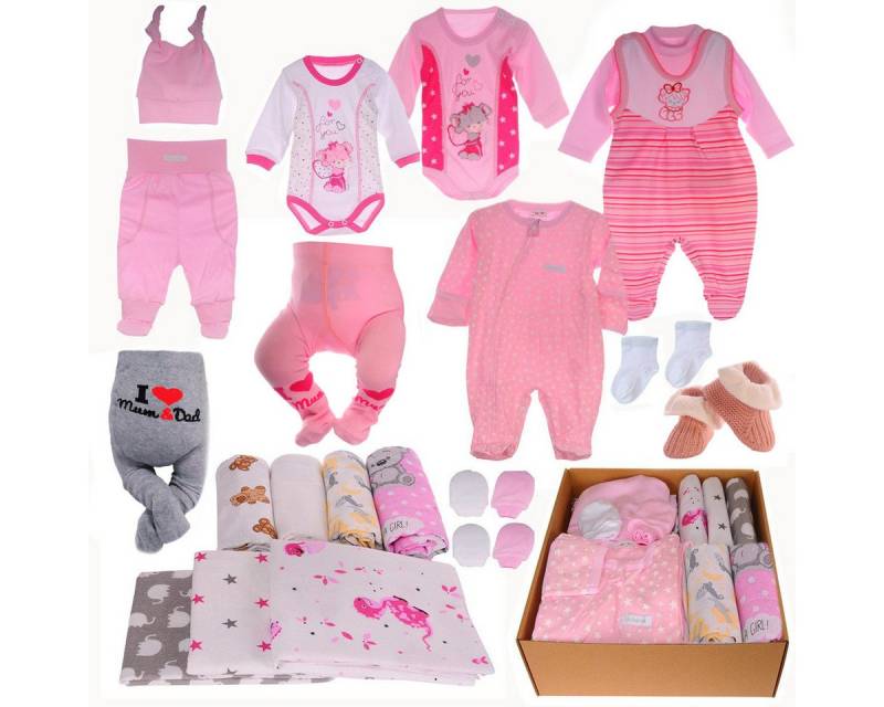 La Bortini Erstausstattungspaket Baby Set 20 Teile Body Hose Strampler Strumpfhosen Shirt Socken (Paket für Mädchen, Bekleidung für Neugeborene, Geschenk zur Geburt) aus Baumwolle, ein Geschenk zur Geburt, Paket in Rosa für Neugeborene von La Bortini
