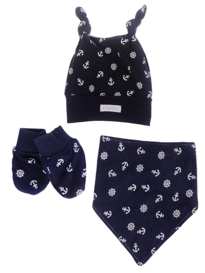 La Bortini Erstlingsmütze Baby Set Erstlingsset Mütze Kratzfäustlinge Sabbertuch Latz weich, gemustert in weiß oder blau, mit Anker Muster 44 50 56 62 68 von La Bortini