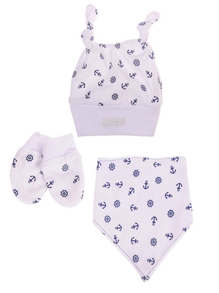 La Bortini Erstlingsmütze Baby Set Erstlingsset Mütze Kratzfäustlinge Sabbertuch Latz weich, gemustert in weiß oder blau, mit Anker Muster 44 50 56 62 68 von La Bortini