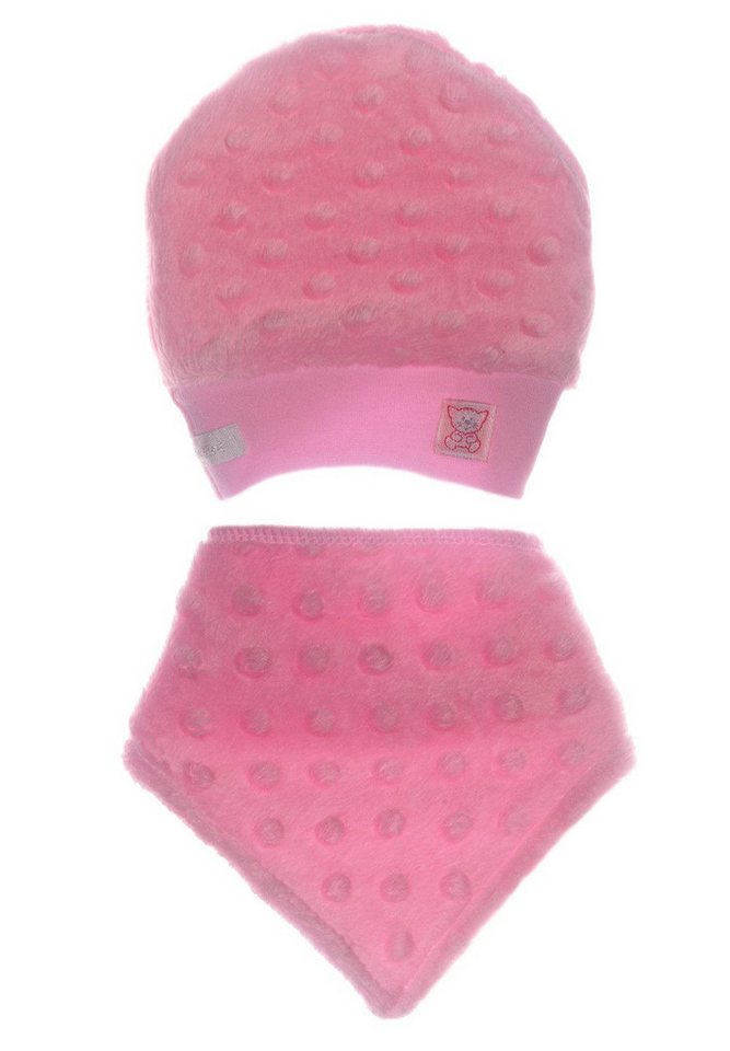 La Bortini Erstlingsmütze Mütze und Lätzchen Baby Set in Rosa oder Blau für Neugeborene mit Baumwoll-Futter, aus genoppter Fleece, in Blau oder Rosa von La Bortini