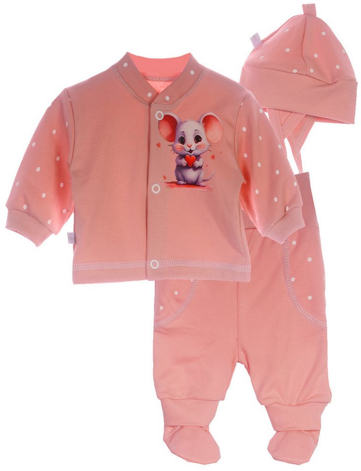La Bortini Langarmshirt & Hose Baby Anzug Hemdchen Schlupfhose Mütze Set mit Maus aus Baumwolle, in Altrosa, für Baby Mädchen von La Bortini