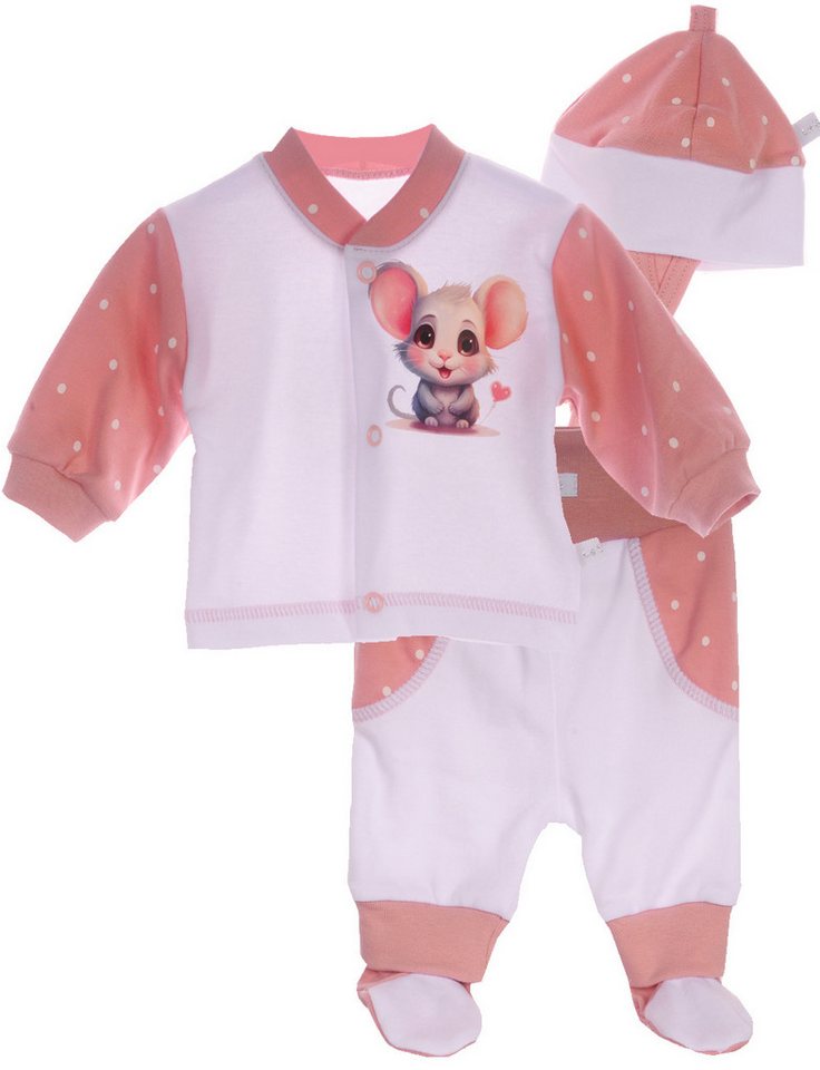 La Bortini Langarmshirt & Hose Baby Anzug Hemdchen Schlupfhose Mütze Set mit Maus aus Baumwolle, in Altrosa, für Baby Mädchen von La Bortini