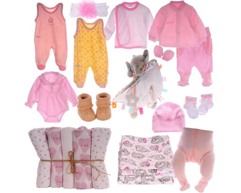 La Bortini Starterpaket Erstausstattungspaket Baby Set 22 Tlg Body Hose Strampler Strumpfhose (Bekleidunf für Neugeborene, Strickschuhe, Mütze, Erstlingsbekleidung Spucktücher Schmusetuch Fäustlinge) aus Baumwolle, ein Geschenk zur Geburt, Paket in Rosa für Neugeborene von La Bortini