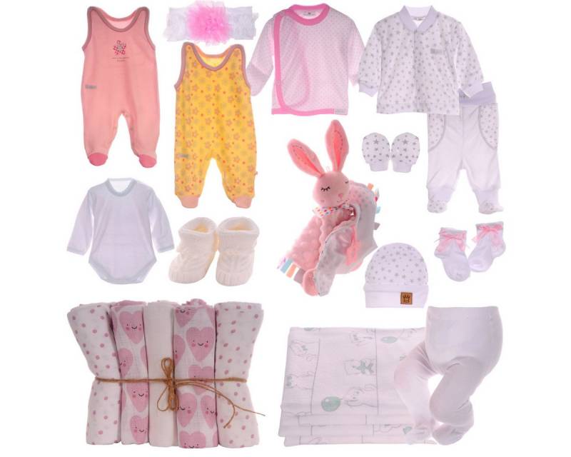 La Bortini Starterpaket Erstausstattungspaket Baby Set 22 Tlg Body Hose Strampler Strumpfhose (Bekleidunf für Neugeborene, Strickschuhe, Mütze, Erstlingsbekleidung Spucktücher Schmusetuch Fäustlinge) aus Baumwolle, ein Geschenk zur Geburt, Paket in Rosa für Neugeborene von La Bortini
