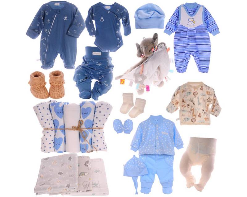 La Bortini Starterpaket Erstausstattungspaket Baby Set 23 Tlg Body Hose Strampler Strumpfhose (Geschenk zur Geburt für Jungen, Bekleidung für Neugeborene) aus Baumwolle, ein Geschenk zur Geburt, Paket in Blau 44 50 56 62 68 von La Bortini