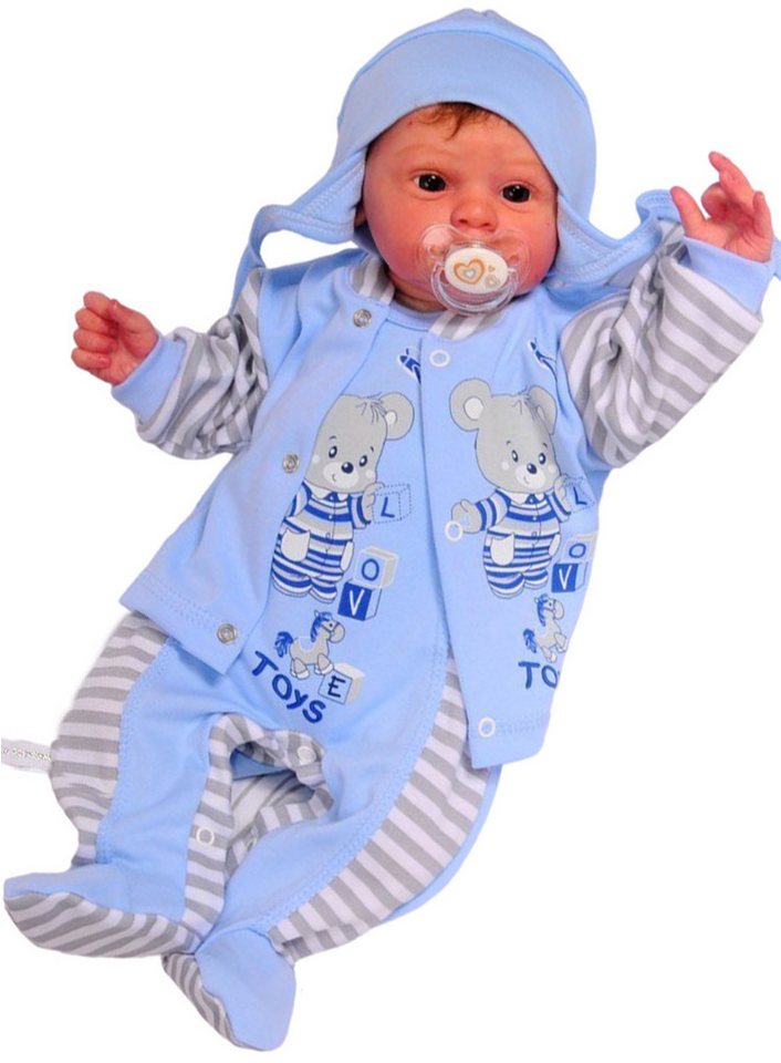 La Bortini Strampler, Jäckchen & Mütze Baby Anzug 3tlg in Blau gestreift mit Bärchen aus reiner Baumwolle, 44 50 56 62 68 74 von La Bortini