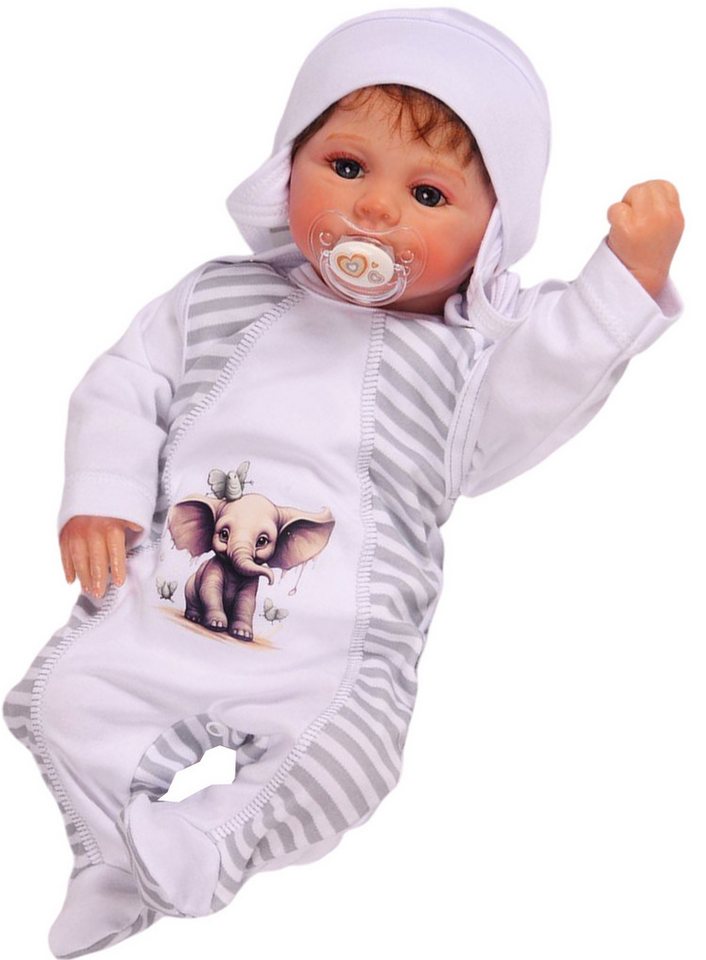 La Bortini Strampler, Jäckchen & Mütze Baby Anzug 3tlg in weiß grau gestreift mit Elefant mit Print von La Bortini