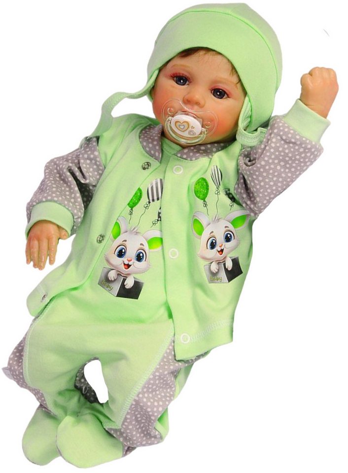 La Bortini Strampler, Jäckchen & Mütze Strampler Mütze und Hemdchen Set Baby Anzug in Grün mit Hasen aus reiner Baumwolle von La Bortini