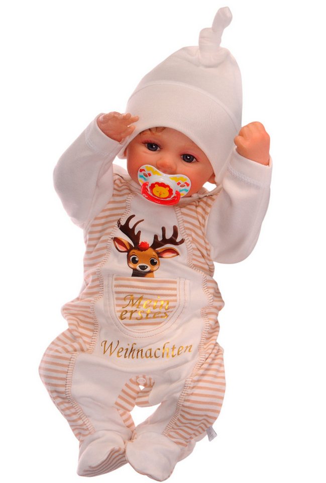 La Bortini Strampler Baby Anzug für Weihnachten Strampler Mütze Shirt in Creme mit Rentier (für Neugeborene, Erstlingsset weihnachtlich, 3-teilig) aus Baumwolle, neutral, unisex, 44 50 56 62 68 74 von La Bortini