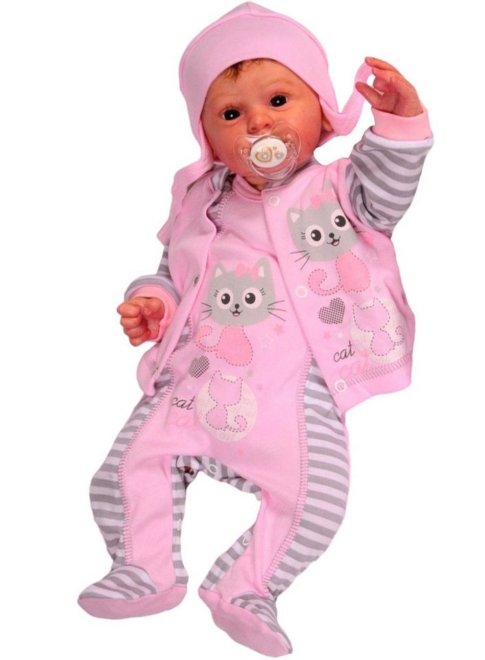 La Bortini Strampler Baby Anzug in Rosa gestreift mit Katze Stramplerhose Hemdchen Mütze aus reiner Baumwolle, 44 50 von La Bortini