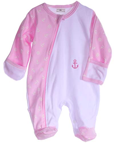 La Bortini Strampler Baby Schlafanzug mit Reißverschluss Overall 50-104 Anzug Weiß Rosa mit Anker (56) von La Bortini