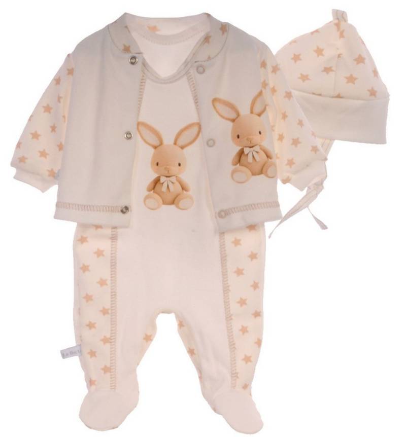 La Bortini Strampler Baby Set Erstlingsausstattung Hemdchen Stramplerhose Mütze in Creme aus reiner Buamwolle, 44 50 56 62 68 74 von La Bortini
