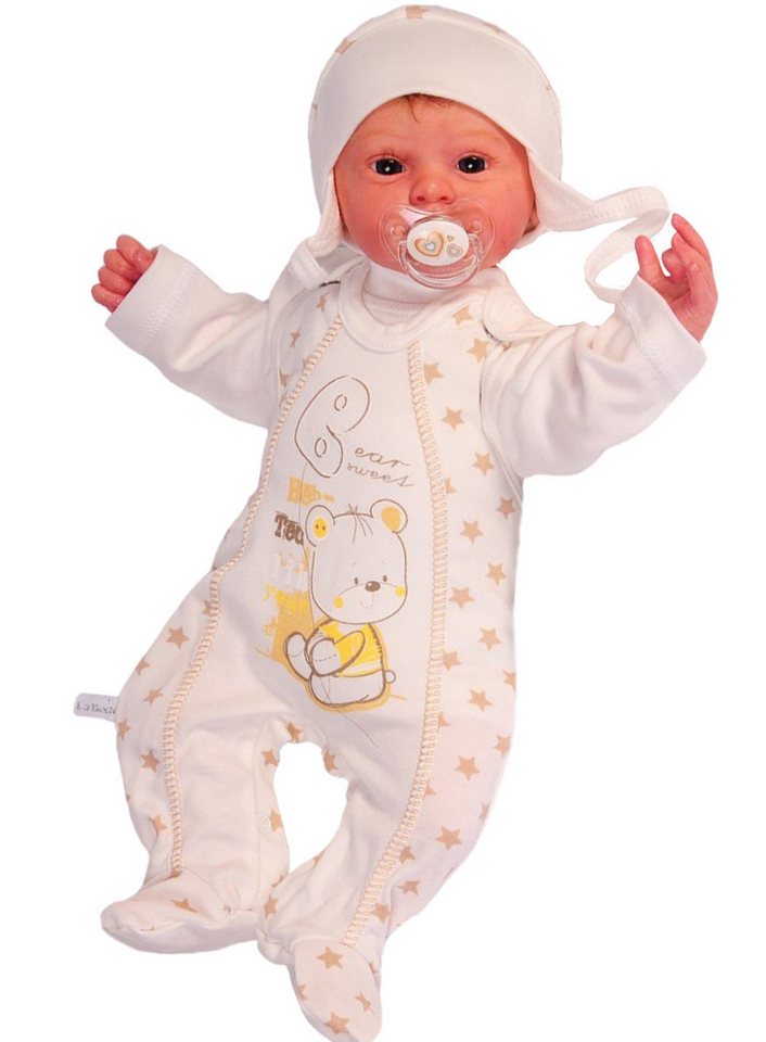 La Bortini Strampler Baby Stramplerhose Langarmshirt Mütze Set in Creme mit Bär aus reiner Baumwolle, 44 50 56 62 von La Bortini