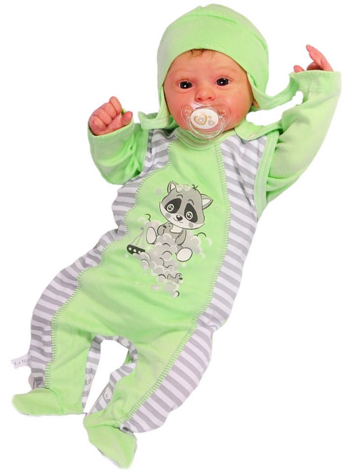 La Bortini Strampler Baby Stramplerhose Langarmshirt Mütze Set ing Apfelgrün mit Waschbär aus reiner Baumwolle, 44 50 56 62 68 74 von La Bortini